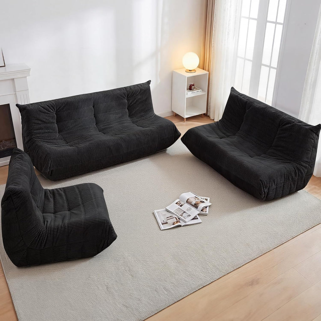 Bean Bag Chair,Giant Beanbag Chairs for Adults,Comfy Large Fireside Chair Lazy Sofa,Corduroy Bean Bag Lounger with Memory Foam Filled,Floor Sofa Couch for Home,Living Room (Black, Loveseat)