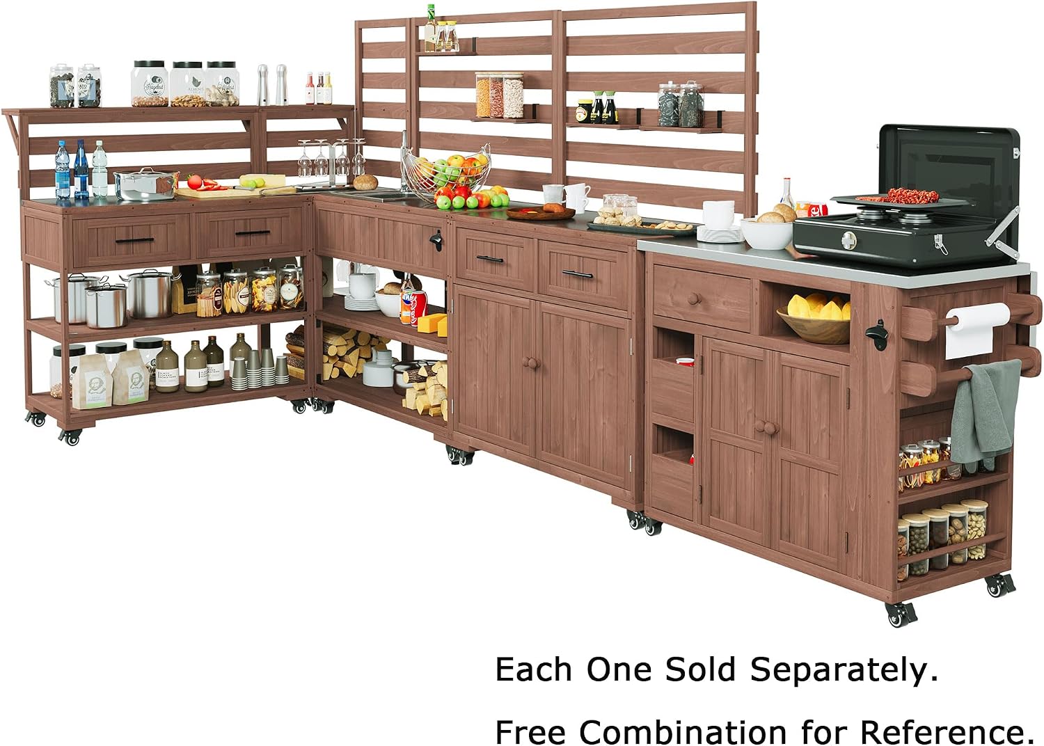 LUMISOL Garden Potting Bench Table with Stainless Table Top, 64.9'' H Solid Wood Garden Workstation with 3 Movable Shelves, Large Outdoor Kitchen Cart with 2 Drawers, for Patio Backyard, Brown