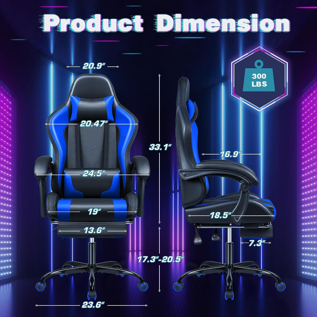 Shahoo Gaming Chair with LED Lights, Footrest and Massage Lumbar Support, Ergonomic Computer Seat Height Adjustable with 360°Swivel and Headrest, Blue with RGB