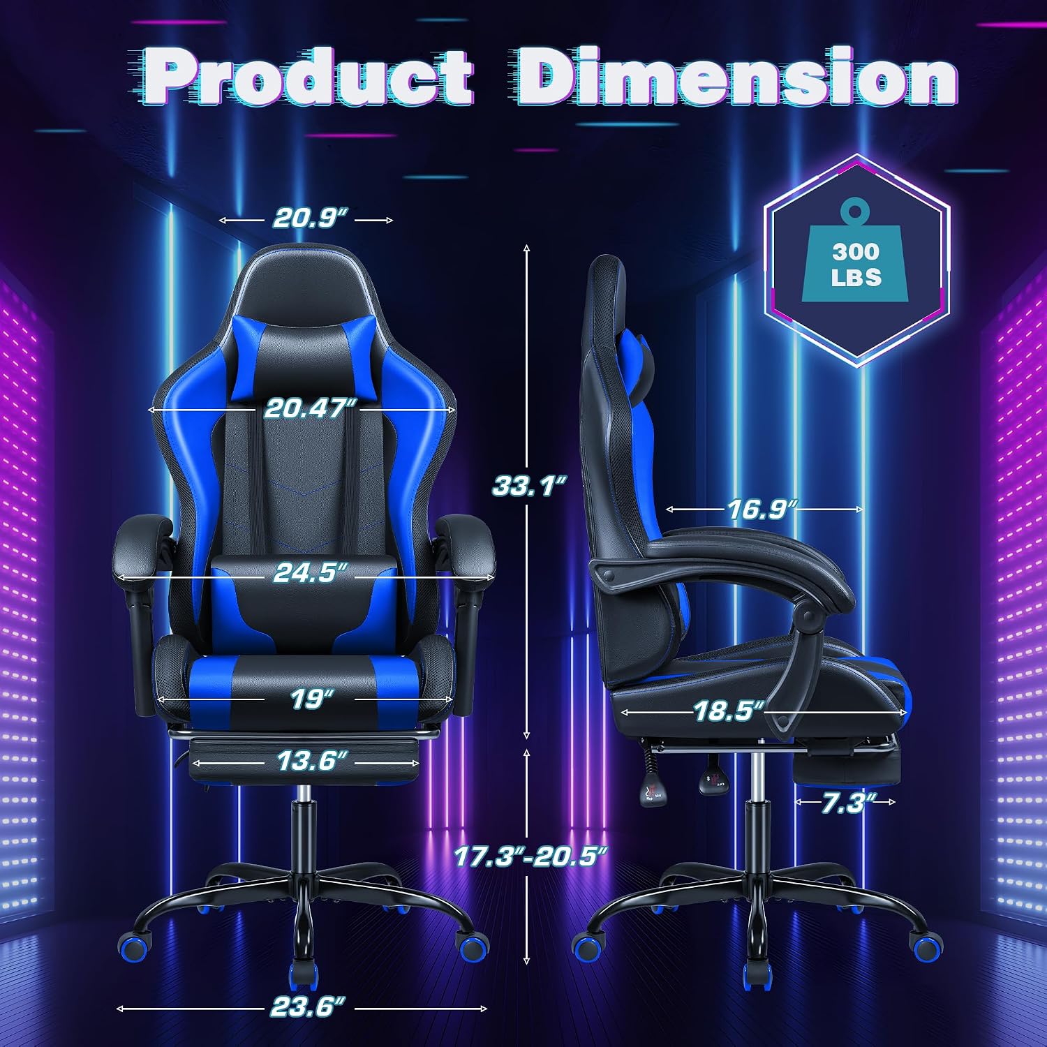 Shahoo Gaming Chair with LED Lights, Footrest and Massage Lumbar Support, Ergonomic Computer Seat Height Adjustable with 360°Swivel and Headrest, Blue with RGB