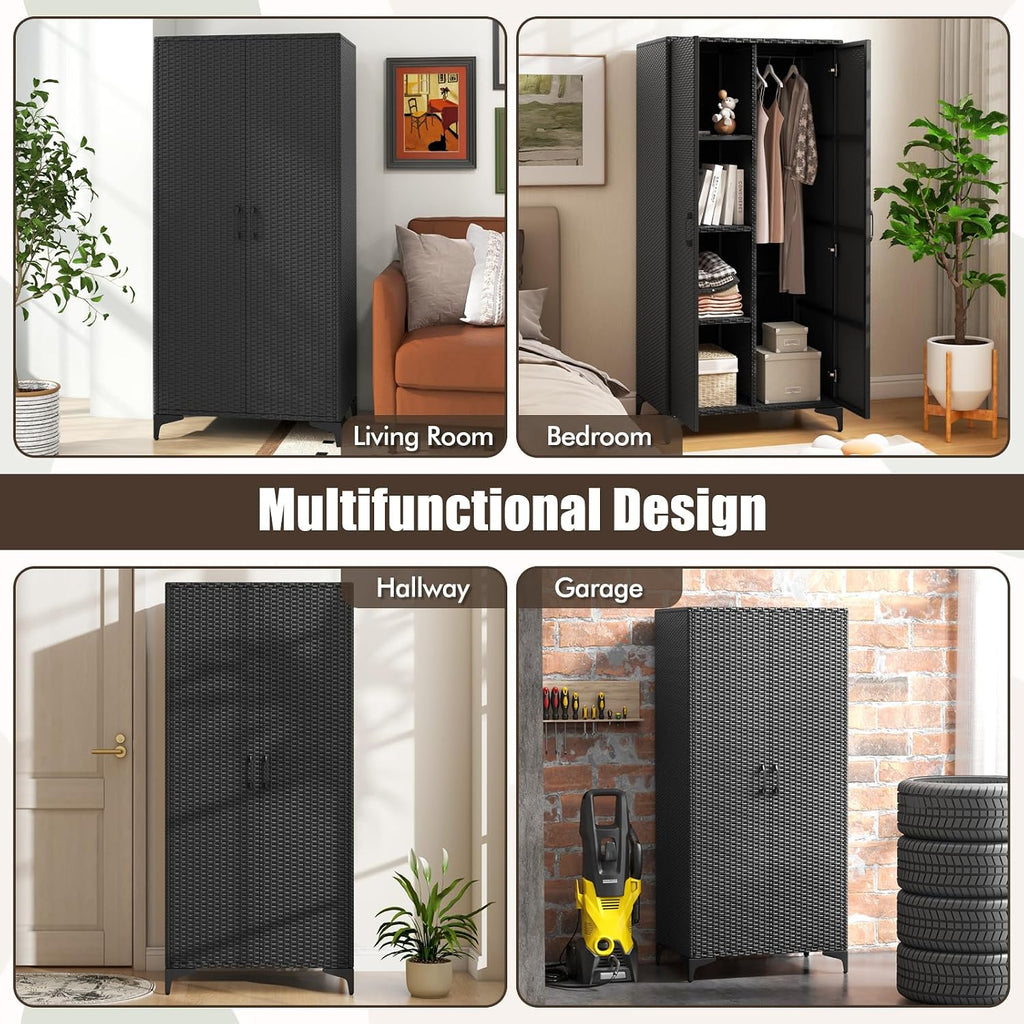 Giantex Wicker Storage Cabinet, 62' Tall Pantry Cabinet with 2 Doors, Hanging Rod, 4 Storage Cubes, Metal Legs, Anti-Tipping Device, PE Rattan Storage Cabinet for Home Office, Garage Cabinets (Black)
