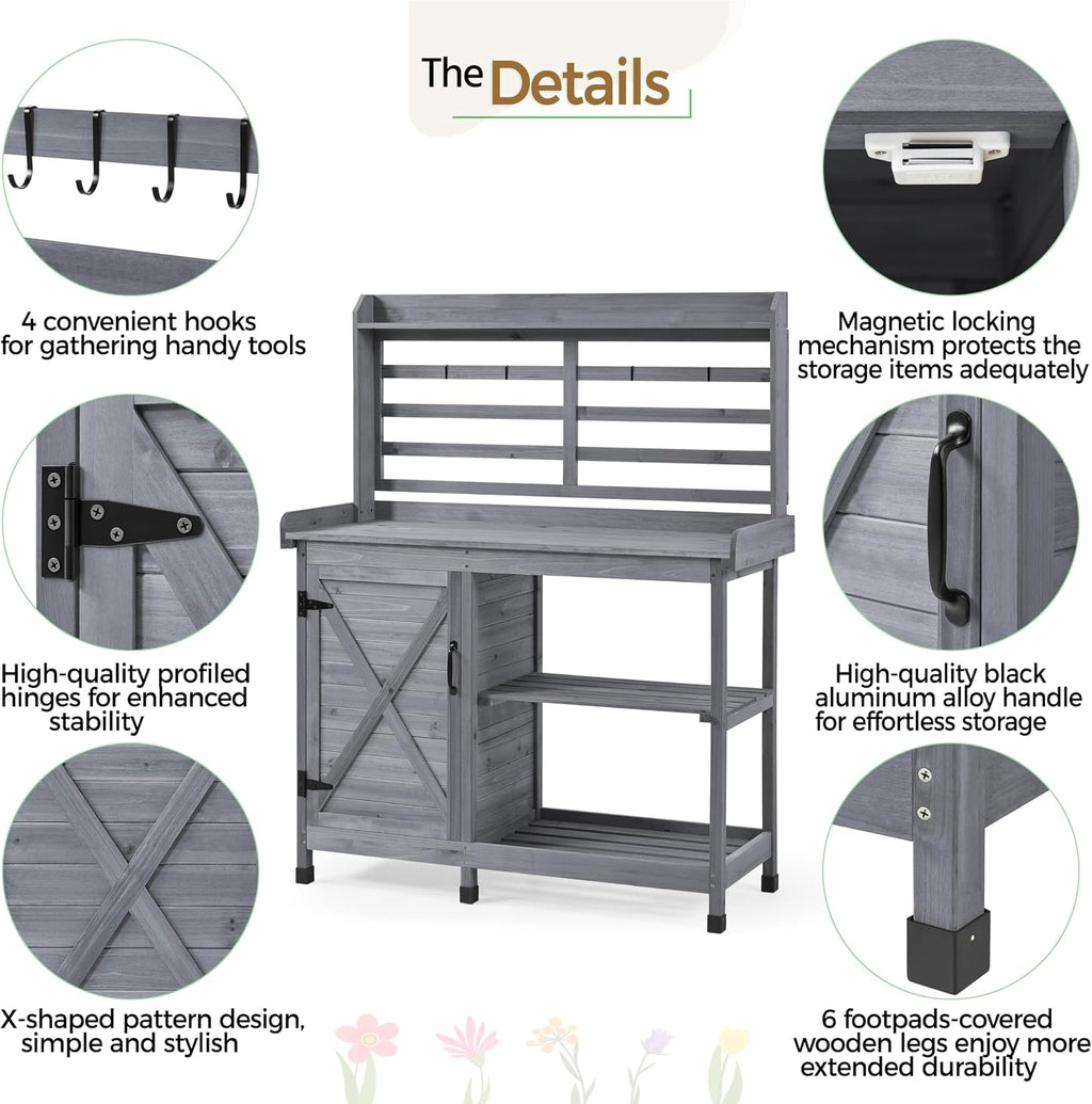 Yaheetech Outdoor Potting Bench, Large Horticulture Work Table Workstation with Storage Cabinet Shelf & Planting Working Console for Patio/Lawn/Garden - Gray