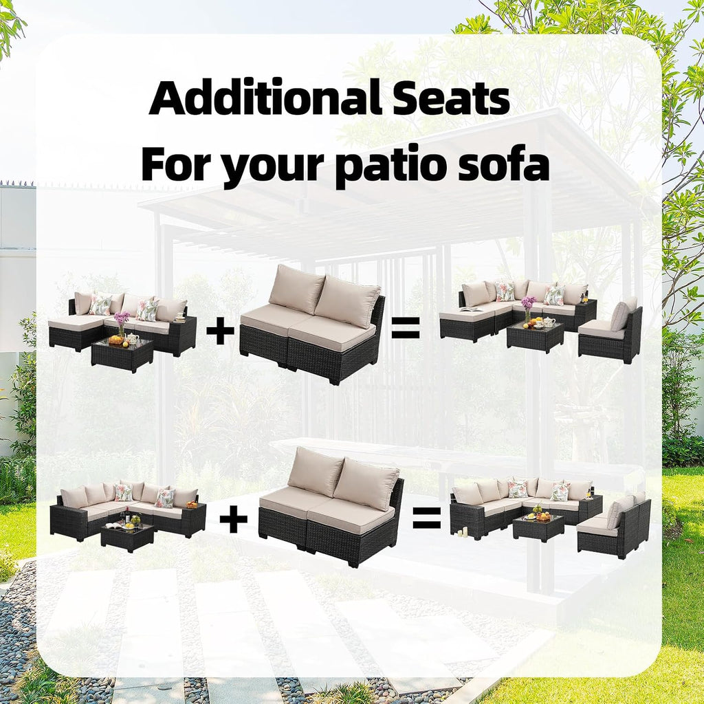 Outdoor Wicker Armless Sofa 2 Pack, Patio Rattan Sectional Sofa Set with Thick Seat Cushions and 2 Back Cushions for Garden, Backyard, Poolside Beige
