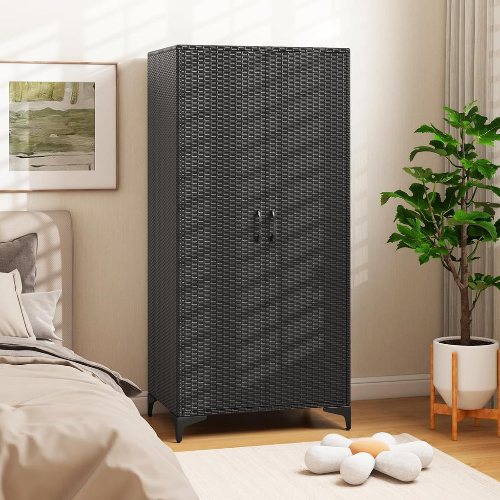 Giantex Wicker Storage Cabinet, 62' Tall Pantry Cabinet with 2 Doors, Hanging Rod, 4 Storage Cubes, Metal Legs, Anti-Tipping Device, PE Rattan Storage Cabinet for Home Office, Garage Cabinets (Black)