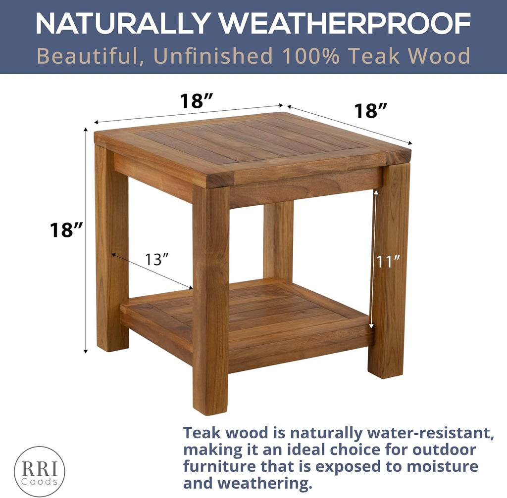 Teak Wood Side Table with Storage - Teak Oil Finish Indoor and Outdoor Wooden Furniture for Deck, Porch, Balcony, Living Room, Bedroom and Backyard (18' D x 18' W x 18' H)
