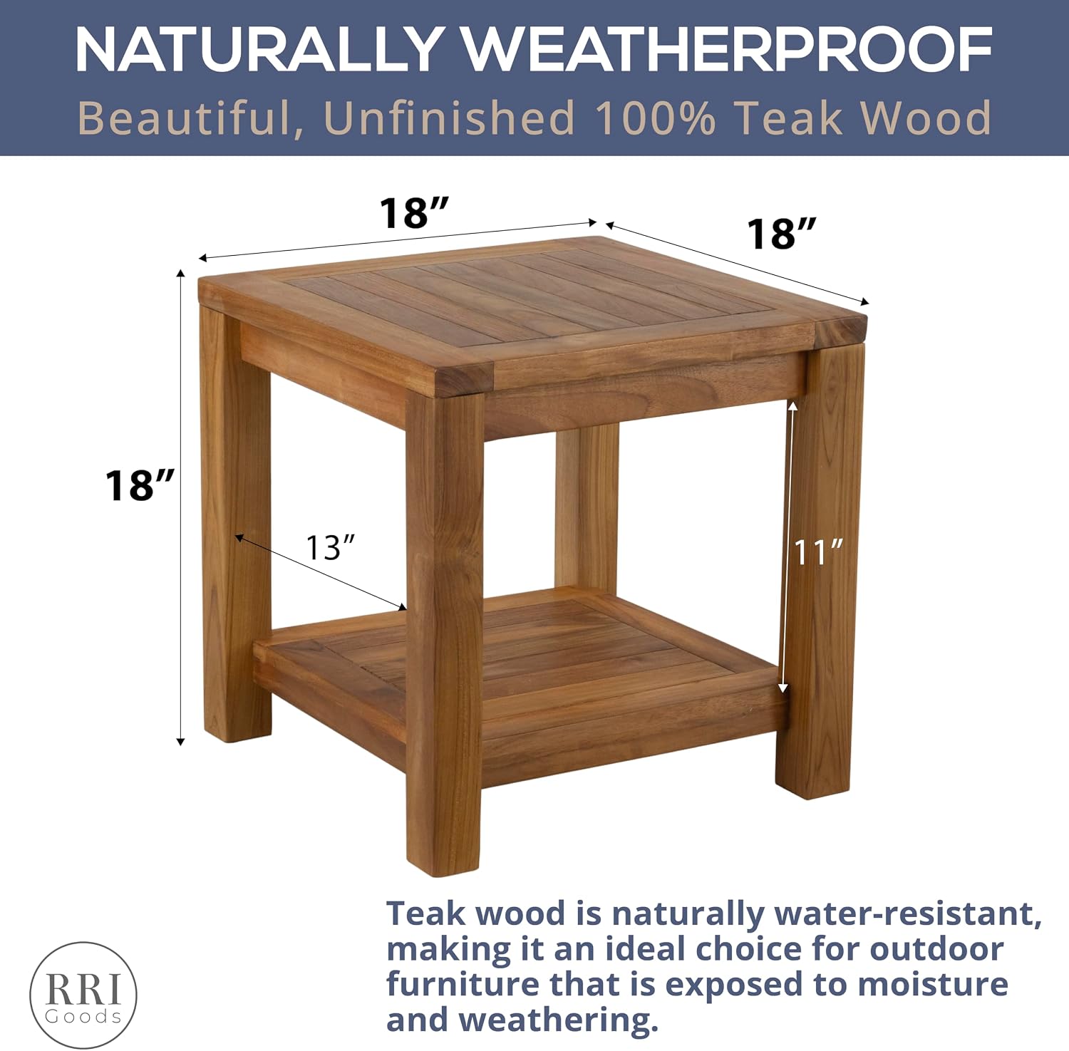 Teak Wood Side Table with Storage - Teak Oil Finish Indoor and Outdoor Wooden Furniture for Deck, Porch, Balcony, Living Room, Bedroom and Backyard (18' D x 18' W x 18' H)