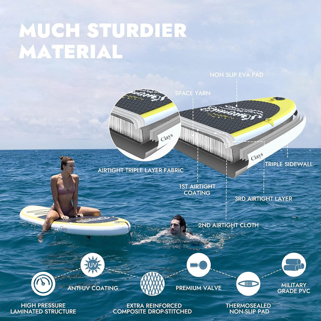 Ciays Inflatable Stand Up Paddle Board W SUP Accessories of Backpack, 2 Fins, 2 Bags, Leash, Floating Paddles and Double Action Hand Pump All-Around Paddleboard Perfect for Yoga, Tour, Fishing
