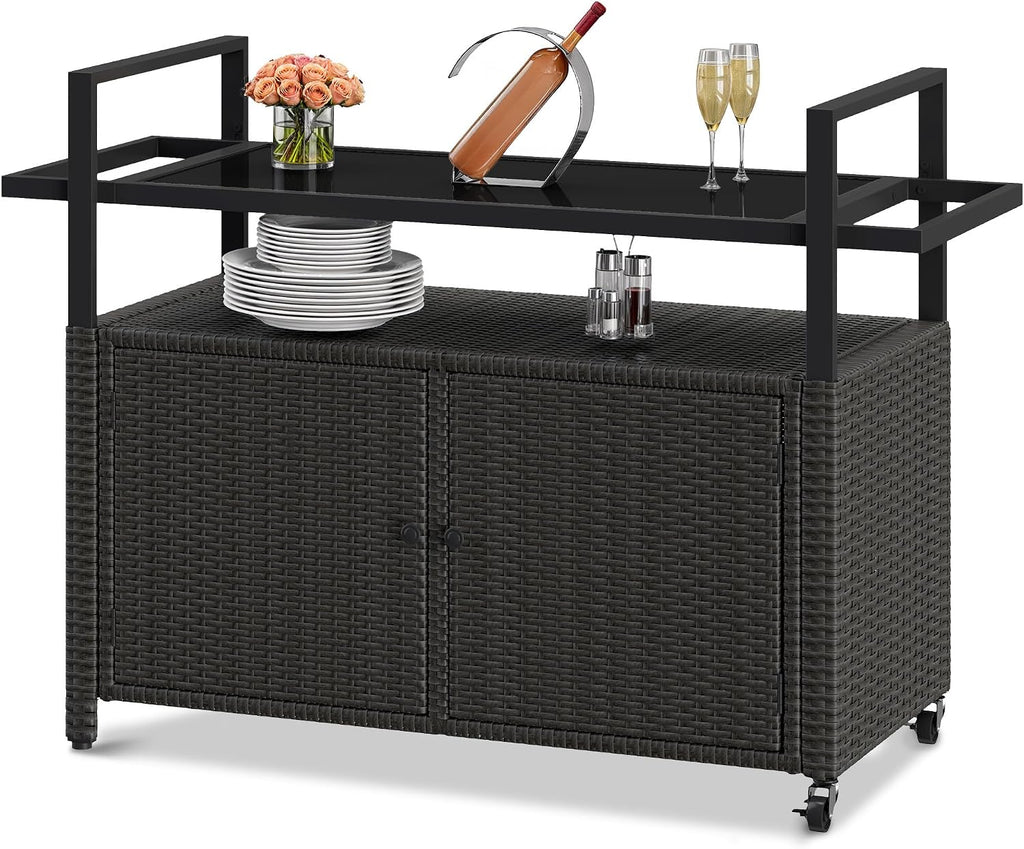 DWVO Patio Storage Cabinet,Outdoor Bar Cart with Glass Top,Outdoor Storage Table with Wheels for Patio, Poolside and Backyard,Black