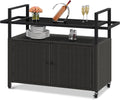 DWVO Patio Storage Cabinet,Outdoor Bar Cart with Glass Top,Outdoor Storage Table with Wheels for Patio, Poolside and Backyard,Black