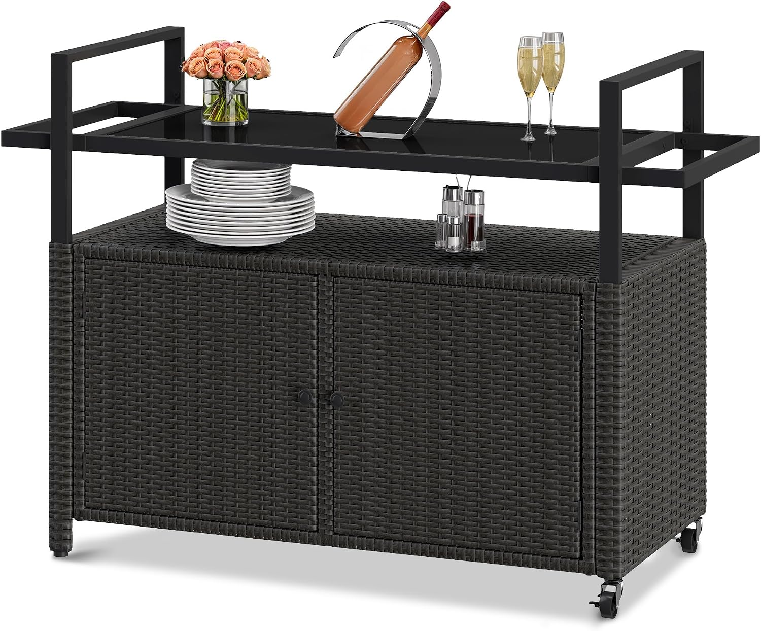 DWVO Patio Storage Cabinet,Outdoor Bar Cart with Glass Top,Outdoor Storage Table with Wheels for Patio, Poolside and Backyard,Black