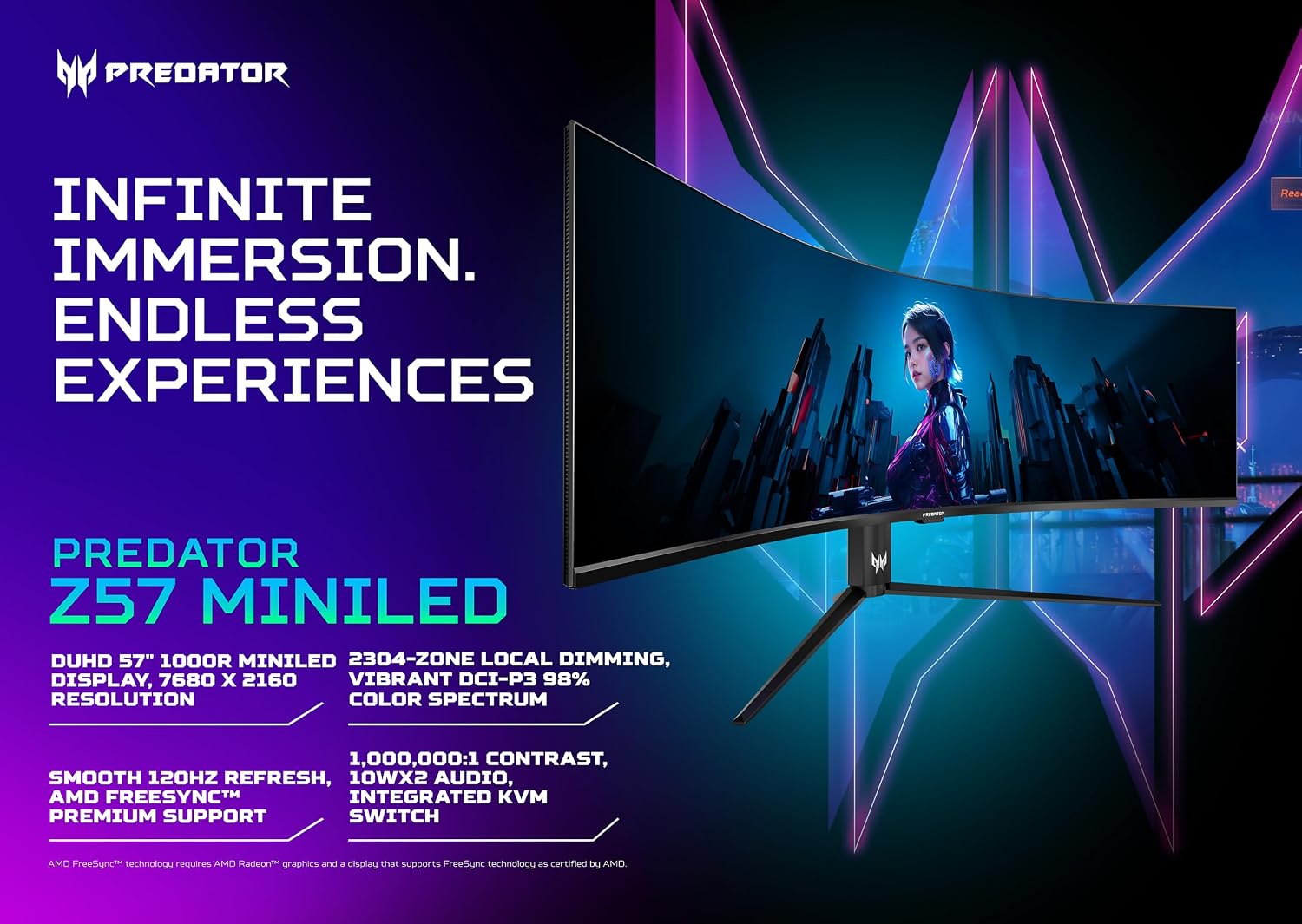 acer Predator Z57 | 57' DUHD 7680 x 2160 Mini LED 1000R Curved Gaming Monitor | AMD FreeSync Premium | 120Hz | 1ms | VESA DisplayHDR 1000| DCI-P3 98% | KVM Switch | USB Type-C, DP 1.4 & 2 x HDMI 2.1