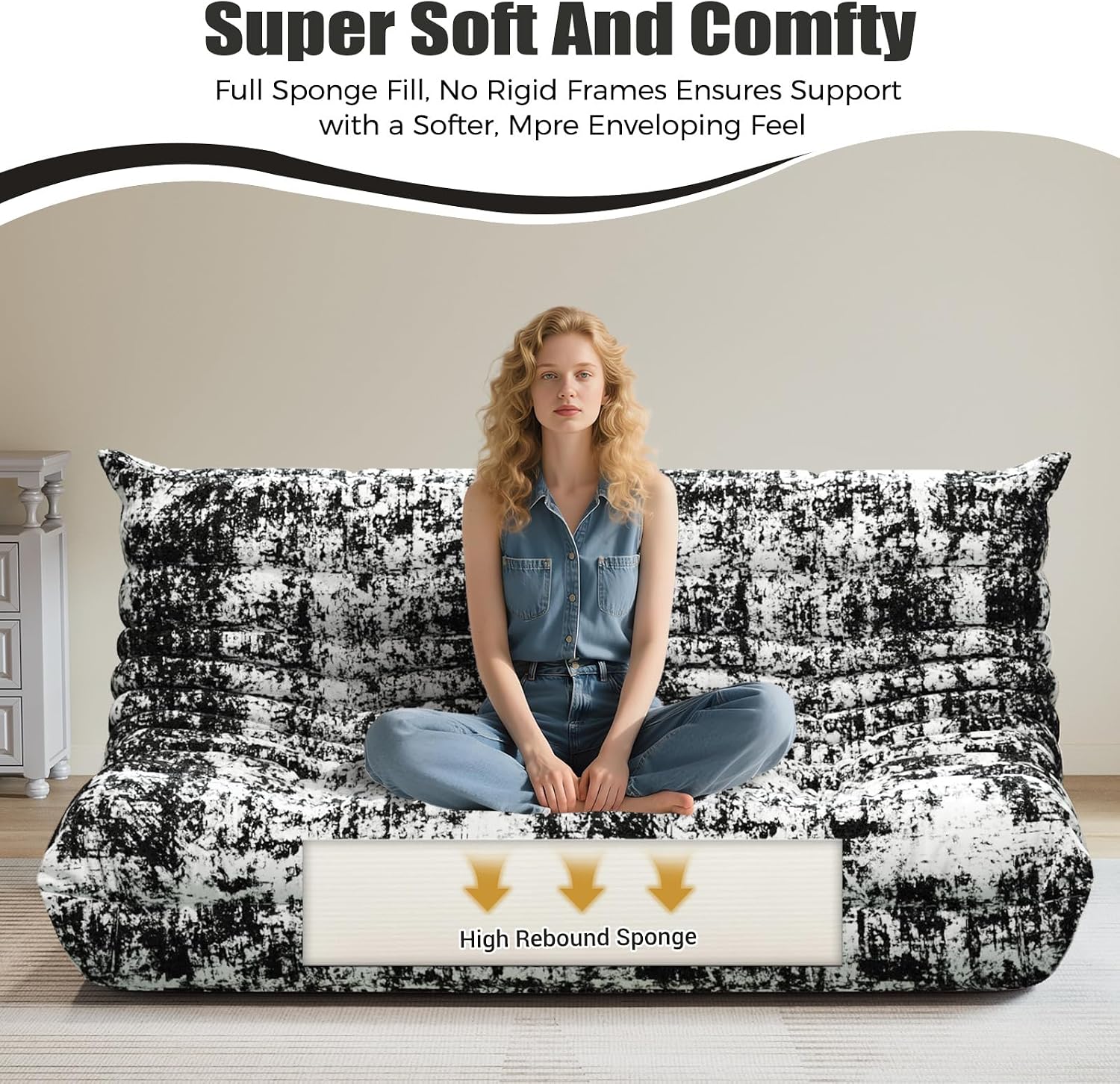 3 Seat Oversized Bean Bag Chairs for Adults, Memory Foam Fireside Beanbag Couch, Comfy Bean Bag Lounger Lazy Sofa for Living Room, Bedroom, Playroom, Black Multi