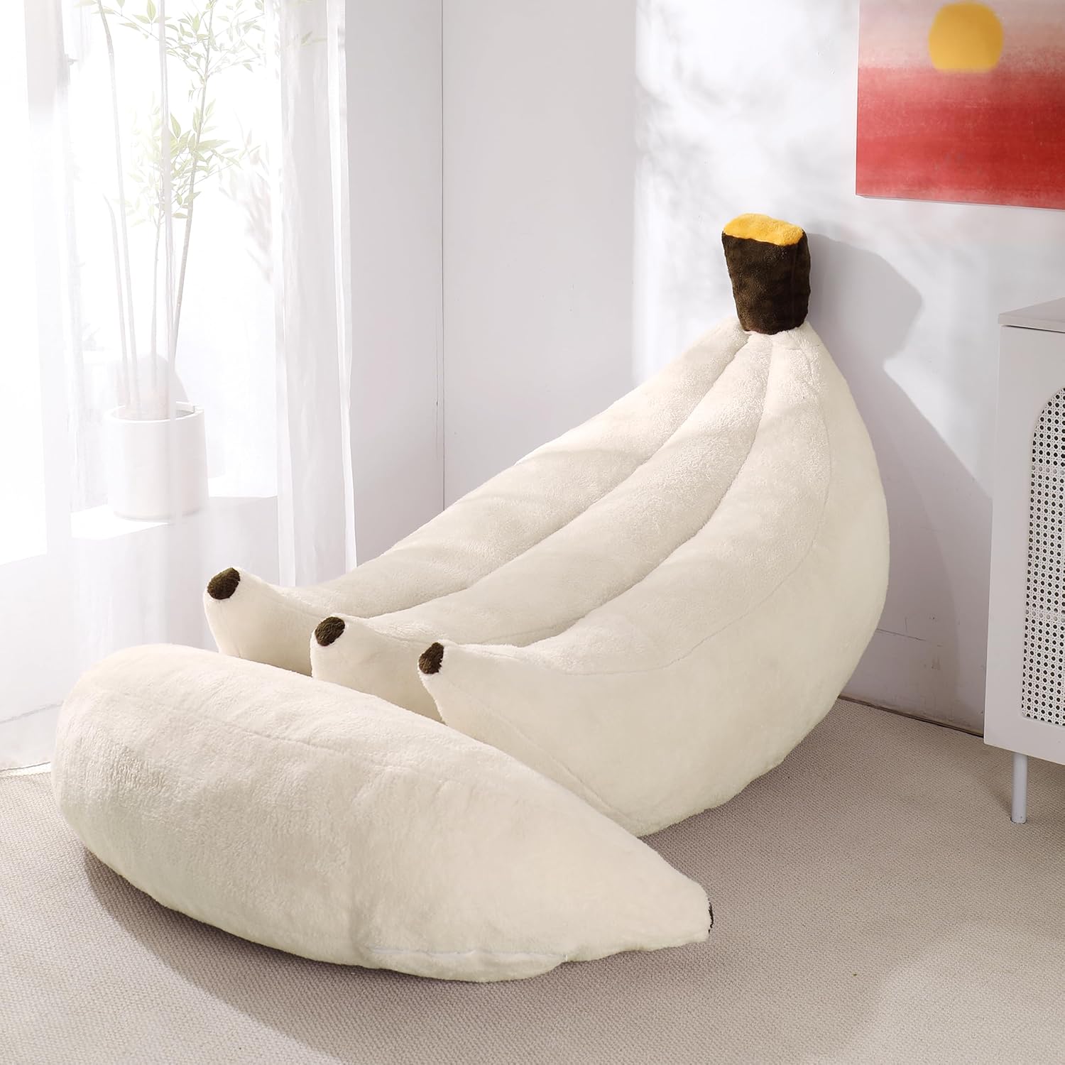 Banana Bean Bag Chair with Ottoman, Floor Sofa Bed with Footrest, Comfy Convertible Lounger for Adults, Plush Couch for Bedroom, Living Room or Dorm, L-Cream