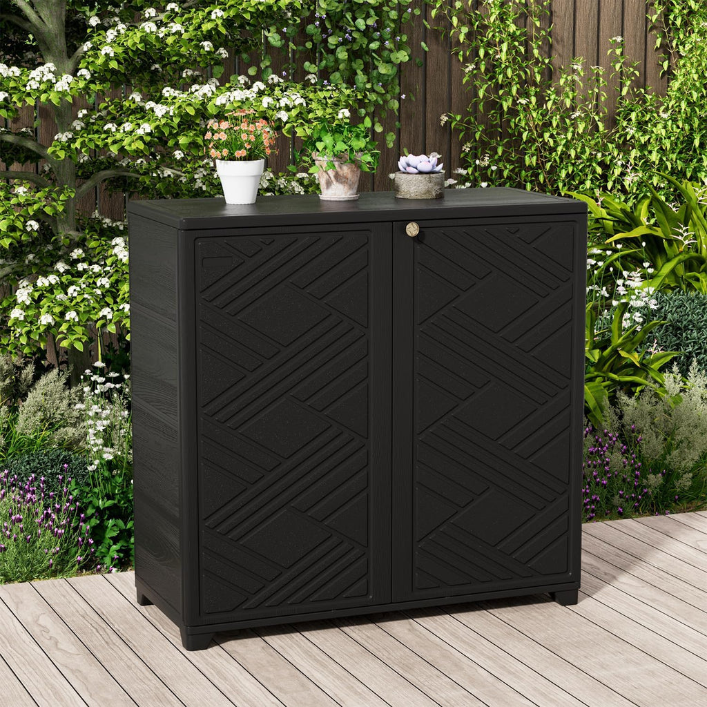 KINYING Outdoor Storage Cabinet Waterproof, 60 Gallon Resin Outdoor Storage Shed for Patio/Garden/Backyard, Outdoor Storage Box for Cushions,Garden Tools and Pool Supplies(Black W/O Shelving)