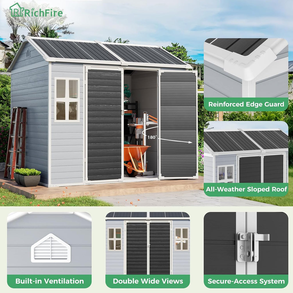 8x6 FT Plastic Storage Sheds Outdoor with Floor and Window, Utility All-Weather Resin Shed Easy to Install, Large Sheds & Outdoor Storage/Tool Shed for Garden Backyard Patio, Gray