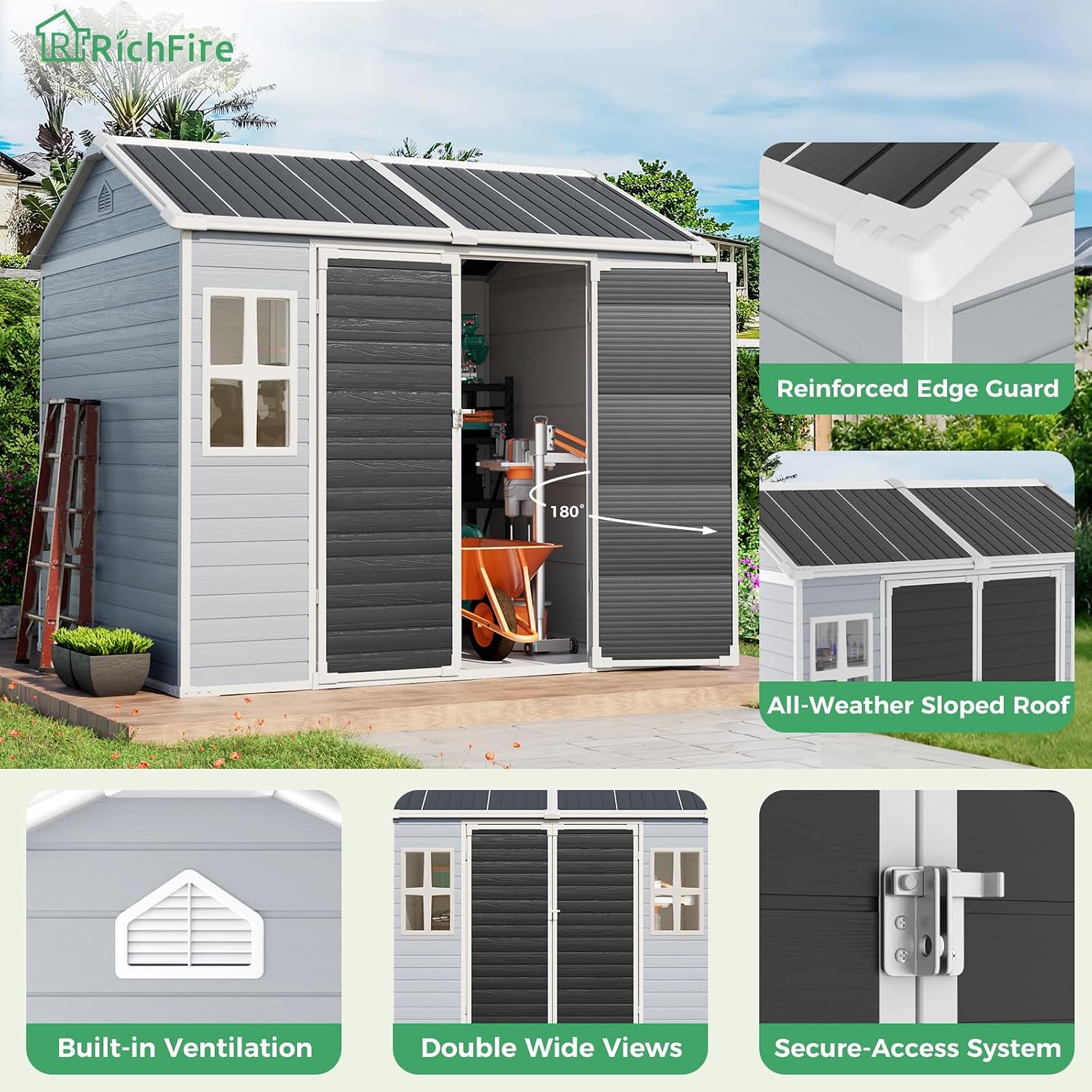 8x6 FT Plastic Storage Sheds Outdoor with Floor and Window, Utility All-Weather Resin Shed Easy to Install, Large Sheds & Outdoor Storage/Tool Shed for Garden Backyard Patio, Gray
