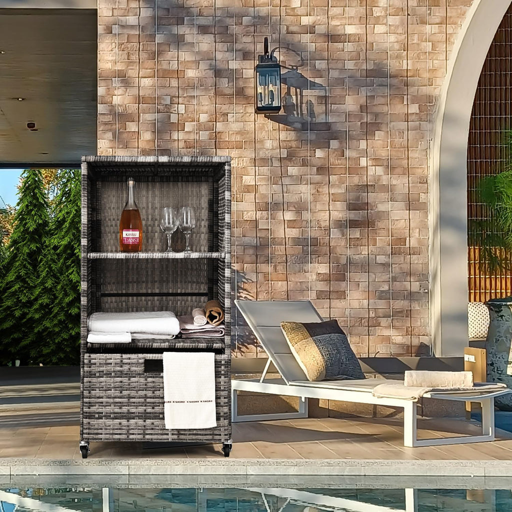 Outdoor Towel Rack for Pool Outdoor Pool Towel Storage Cabinet with Shelf & Drawer Pool Towel Hoder with Rolling Wheels Hot Tub Towel Rack W/Waterproof Cover Poolside Towels Valet Caddy for Spa Grey