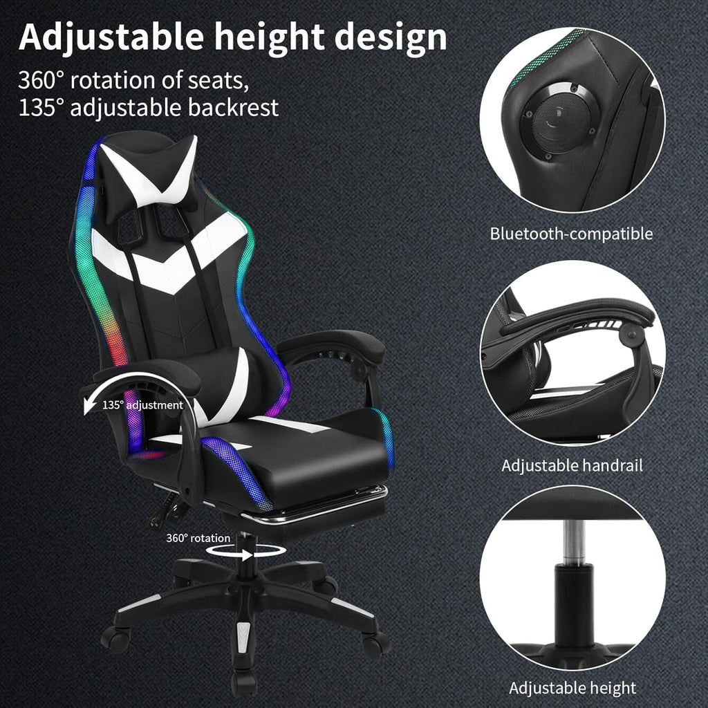 BENBOR Gaming Chair,Office Massage Computer Chair with Bluetooth Speaker,RGB LED Lights,Adjustable Height Swivel Task Chair with Footrest Lumbar Support,Video Game Chair for Adults (White)