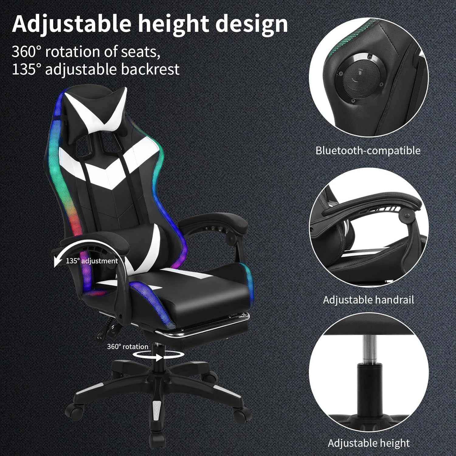 BENBOR Gaming Chair,Office Massage Computer Chair with Bluetooth Speaker,RGB LED Lights,Adjustable Height Swivel Task Chair with Footrest Lumbar Support,Video Game Chair for Adults (White)