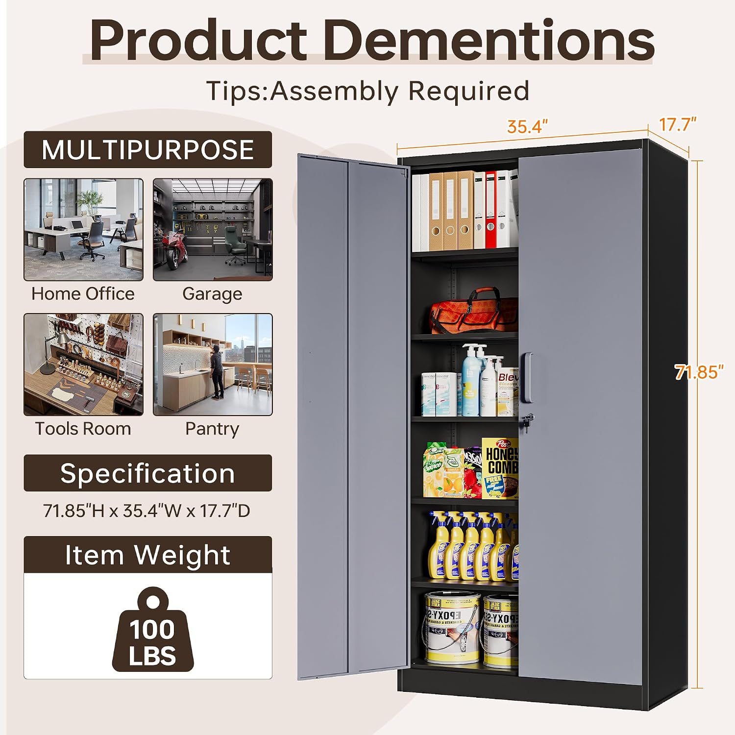 Metal Garage Cabinets, 72' Tall Locking Storage Cabinets with 2 Doors and 5 Adjustable Shelves, Steel Utility Tool Cabinet, Lockable Outdoor Storage Cabinet for Pantry, Garage, Home Office