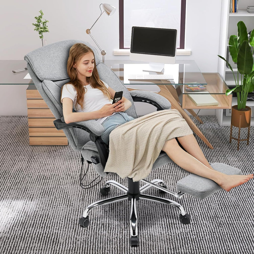 HOMREST Reclining Office Chair with 4-Point Massage, Breathable Fabric Executive Chair with Retractable Footrest, Ergonomic Computer Chair with High Back, Reclining Gaming Chair for Home, Grey