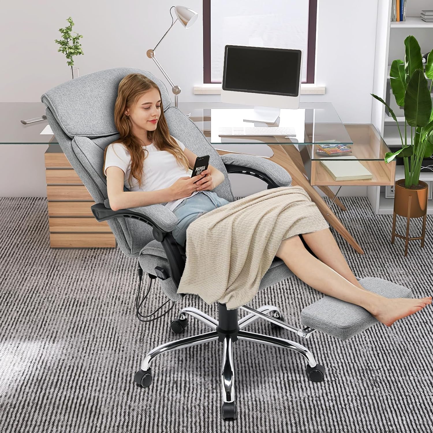 HOMREST Reclining Office Chair with 4-Point Massage, Breathable Fabric Executive Chair with Retractable Footrest, Ergonomic Computer Chair with High Back, Reclining Gaming Chair for Home, Grey
