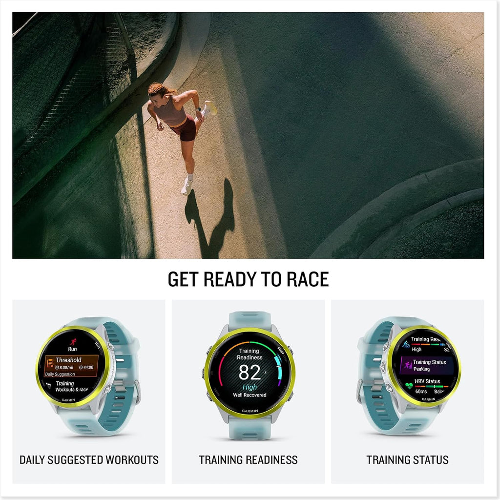 Garmin Forerunner 570 Running Smartwatch, 47MM WiFi, GPS Fitness Watch for Men and Women, Amp Yellow Aluminum with Translucent Whitestone/Turquoise Band + Access 600 Fitness Monitor, XS-S + More