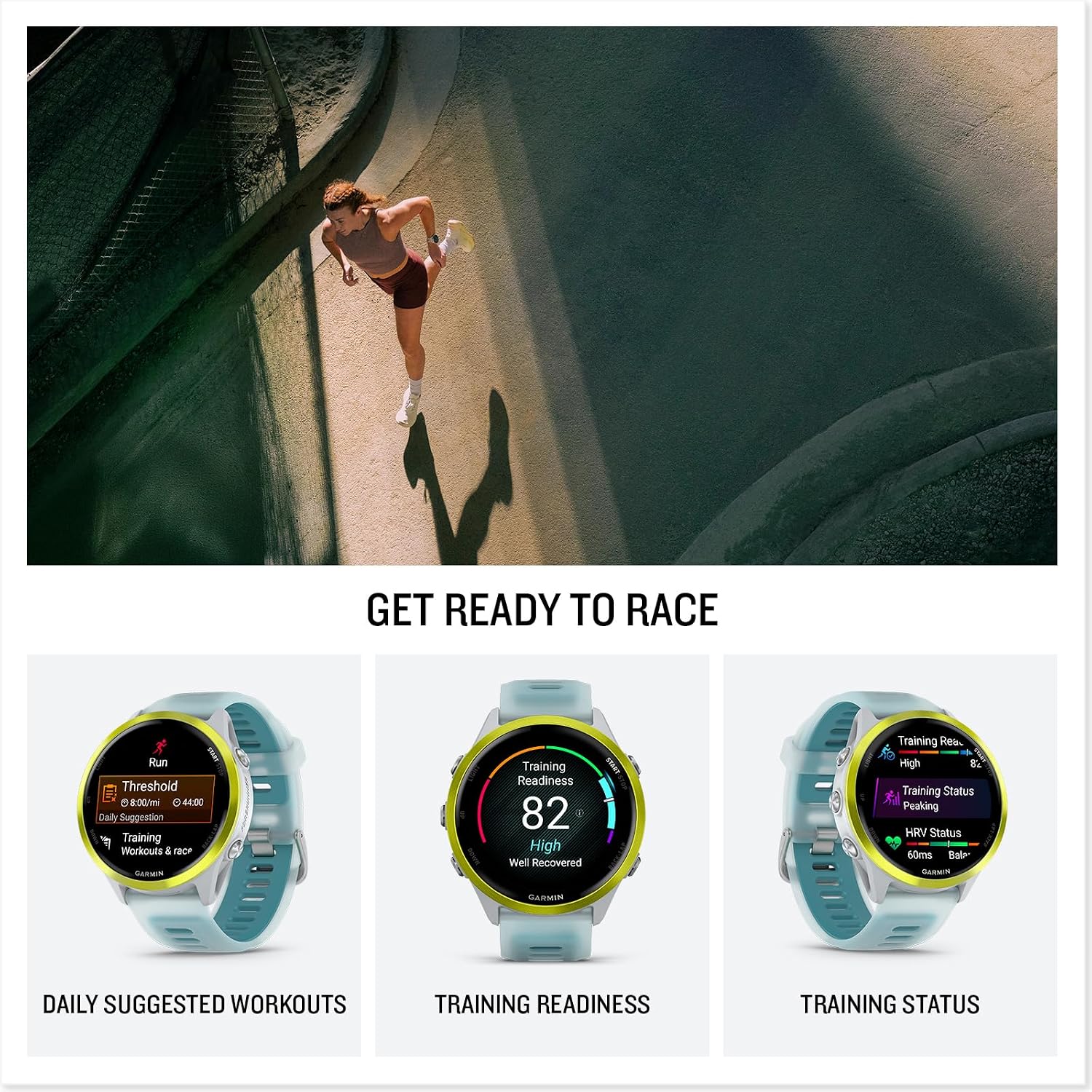 Garmin Forerunner 570 Running Smartwatch, 47MM WiFi, GPS Fitness Watch for Men and Women, Amp Yellow Aluminum with Translucent Whitestone/Turquoise Band + Access 600 Fitness Monitor, XS-S + More
