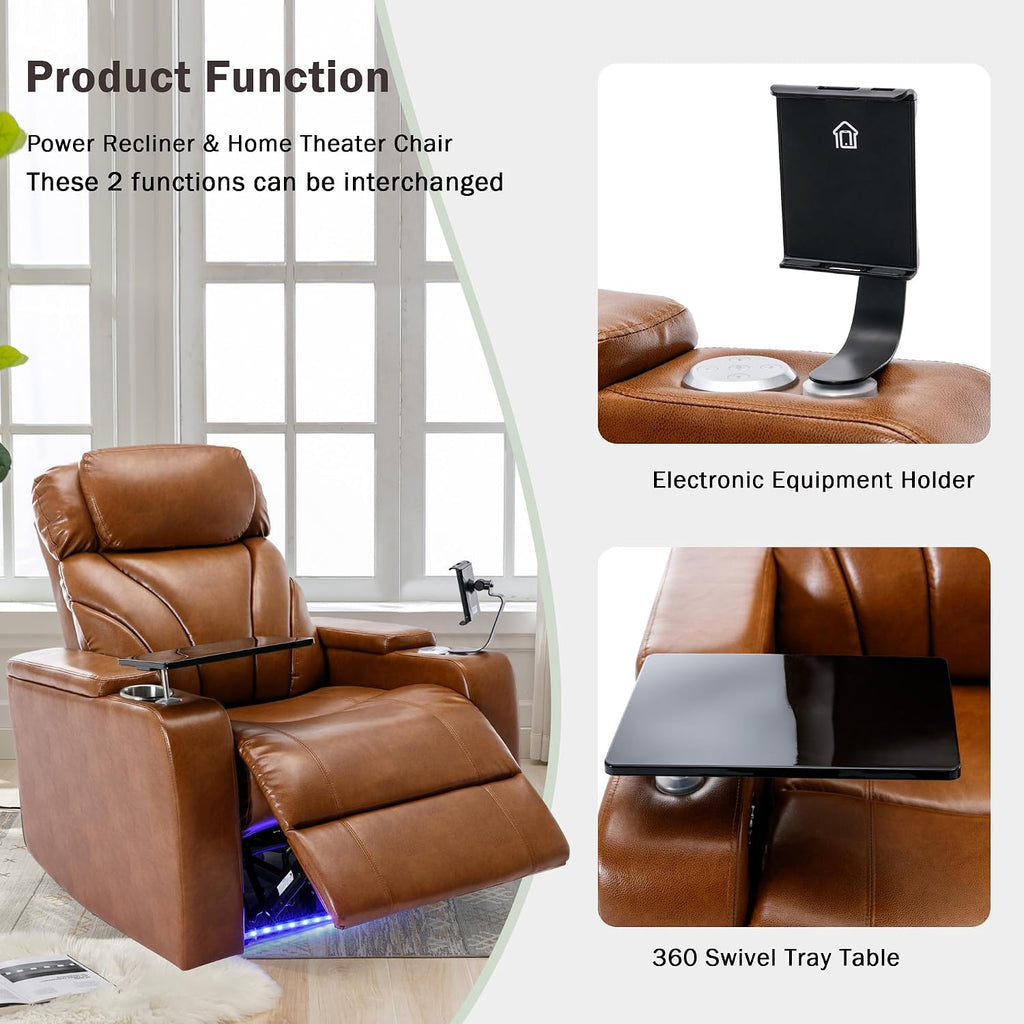 P PURLOVE Power Motion Recliner Chair for Home, PU Electric Recliner with Swivel Tray Table USB Charging Port and Hidden Arm Storage, Home Theater Seating with Cup Holder Design, Light Brown