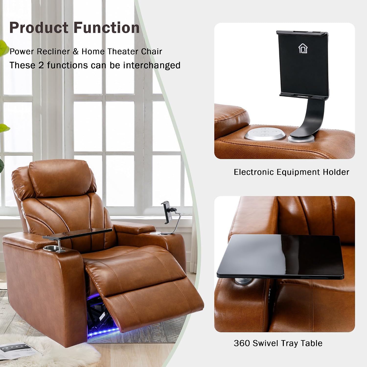 P PURLOVE Power Motion Recliner Chair for Home, PU Electric Recliner with Swivel Tray Table USB Charging Port and Hidden Arm Storage, Home Theater Seating with Cup Holder Design, Light Brown