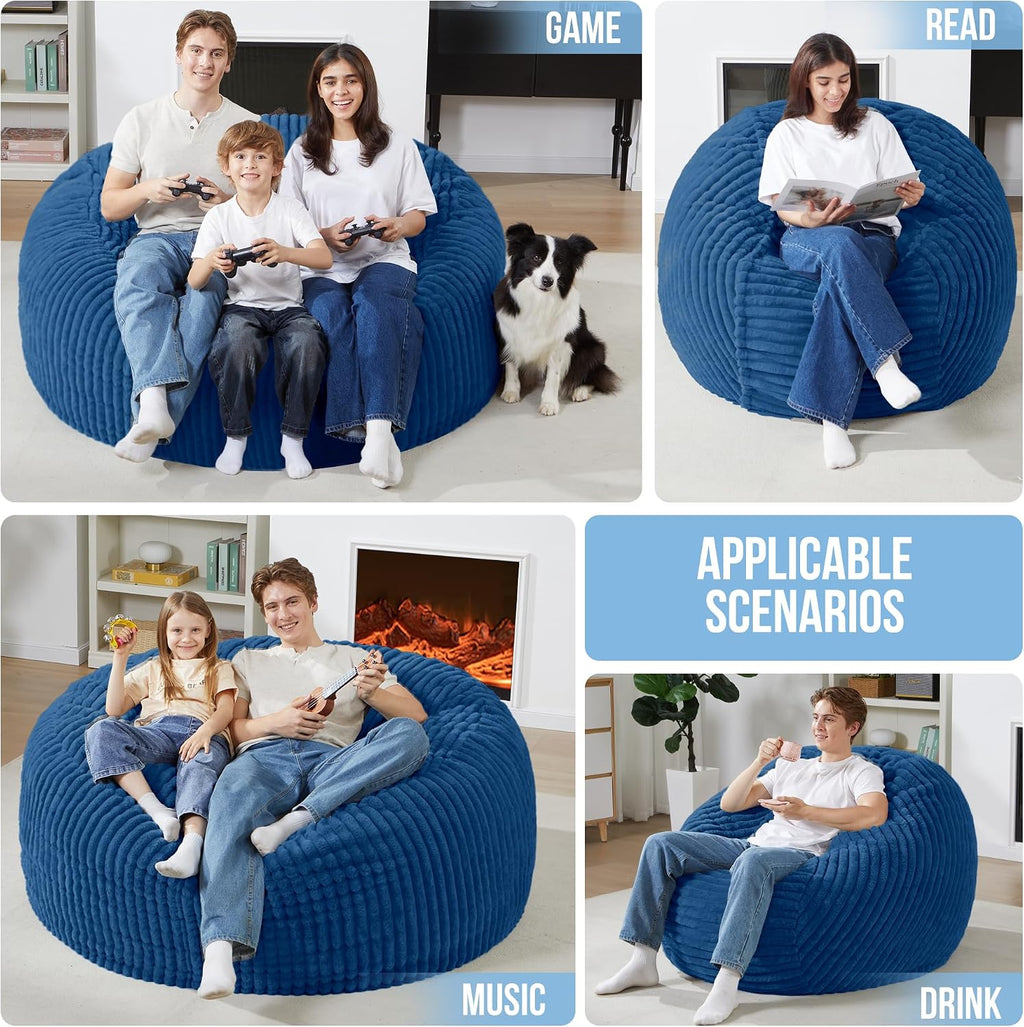 Homguava 6 FT Bean Bag Chair,6' Big Bean Bag,Giant Bean Bag Chairs for Adults with Memory Foam Filled,Comfy Large Beanbag Chairs Soft Bean Bag Sofa with Dutch Corded Plush Cover-Blue