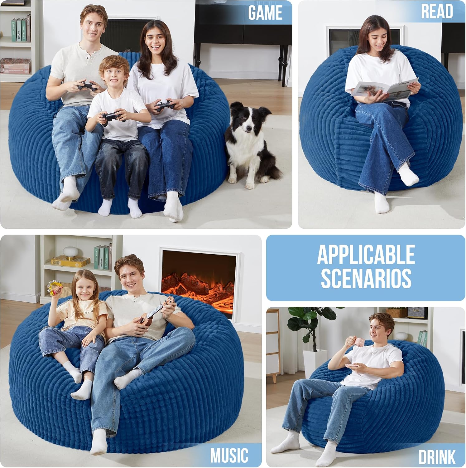 Homguava 6 FT Bean Bag Chair,6' Big Bean Bag,Giant Bean Bag Chairs for Adults with Memory Foam Filled,Comfy Large Beanbag Chairs Soft Bean Bag Sofa with Dutch Corded Plush Cover-Blue