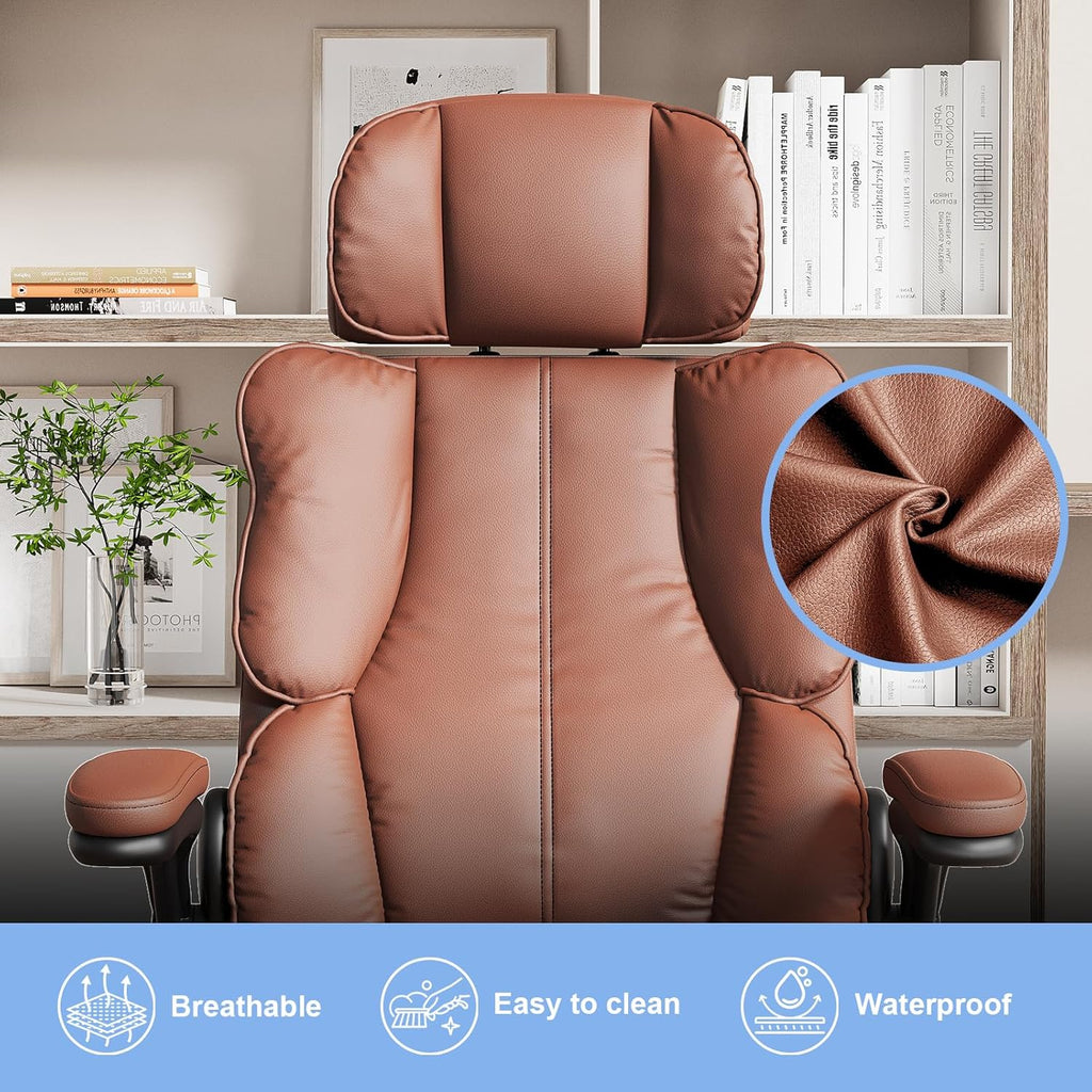 Kensaker Ergonomic Executive Office Chair with Adjustable Headrest & 90° Flip-Up Arms, High Back PU Leather Computer Desk Chair with 135° Rocking & Double Padding for Home Office Comfort, Brown