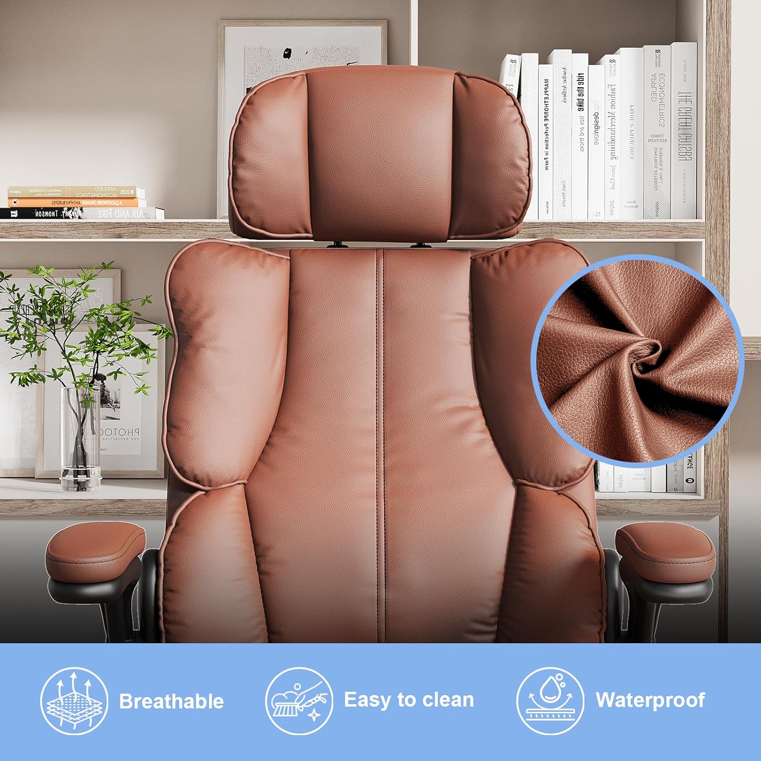 Kensaker Ergonomic Executive Office Chair with Adjustable Headrest & 90° Flip-Up Arms, High Back PU Leather Computer Desk Chair with 135° Rocking & Double Padding for Home Office Comfort, Brown