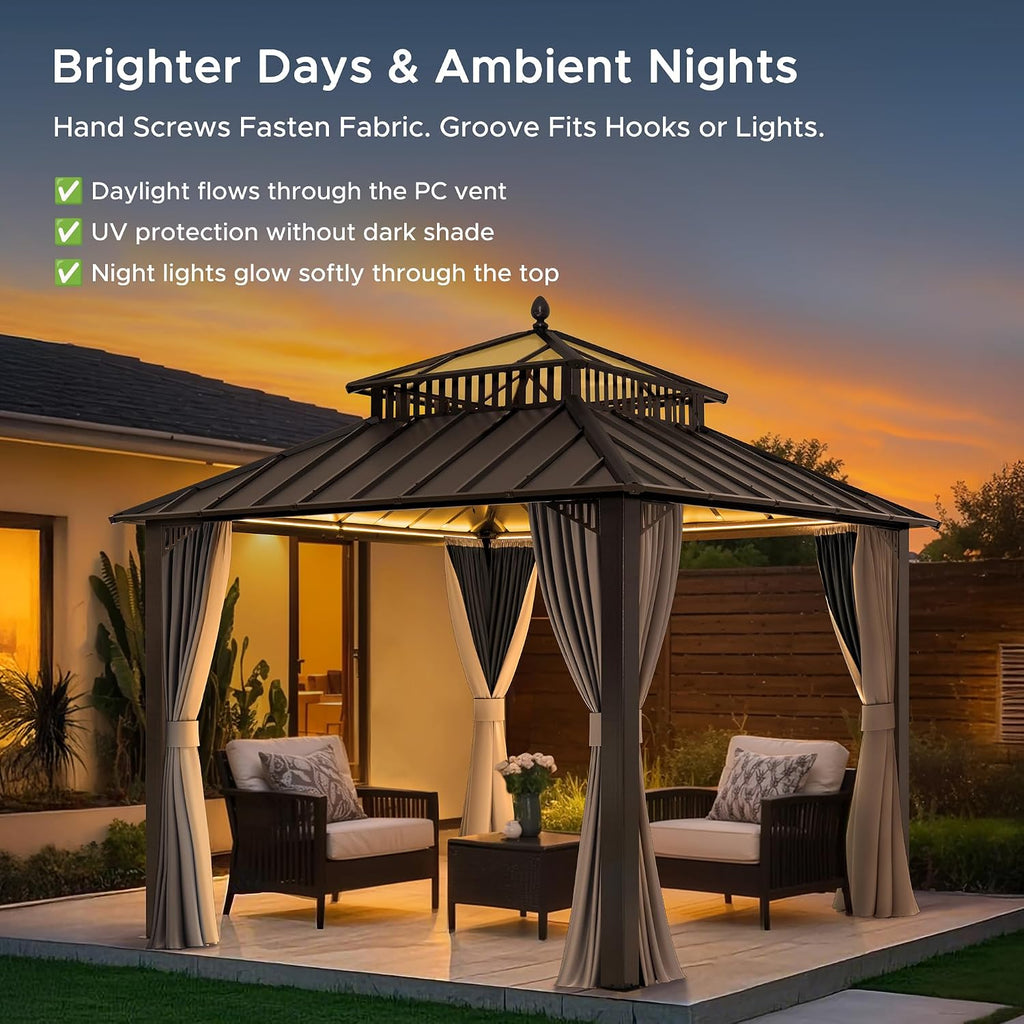 SUNJOY Kingston 10' x 10' Hardtop Gazebo with Galvanized Steel/Polycarbonate Double Roof, Curtain and Netting, Brown Aluminum Posts Permanent Pavilion Gazebo for Garden, Patio, Deck, Lawn