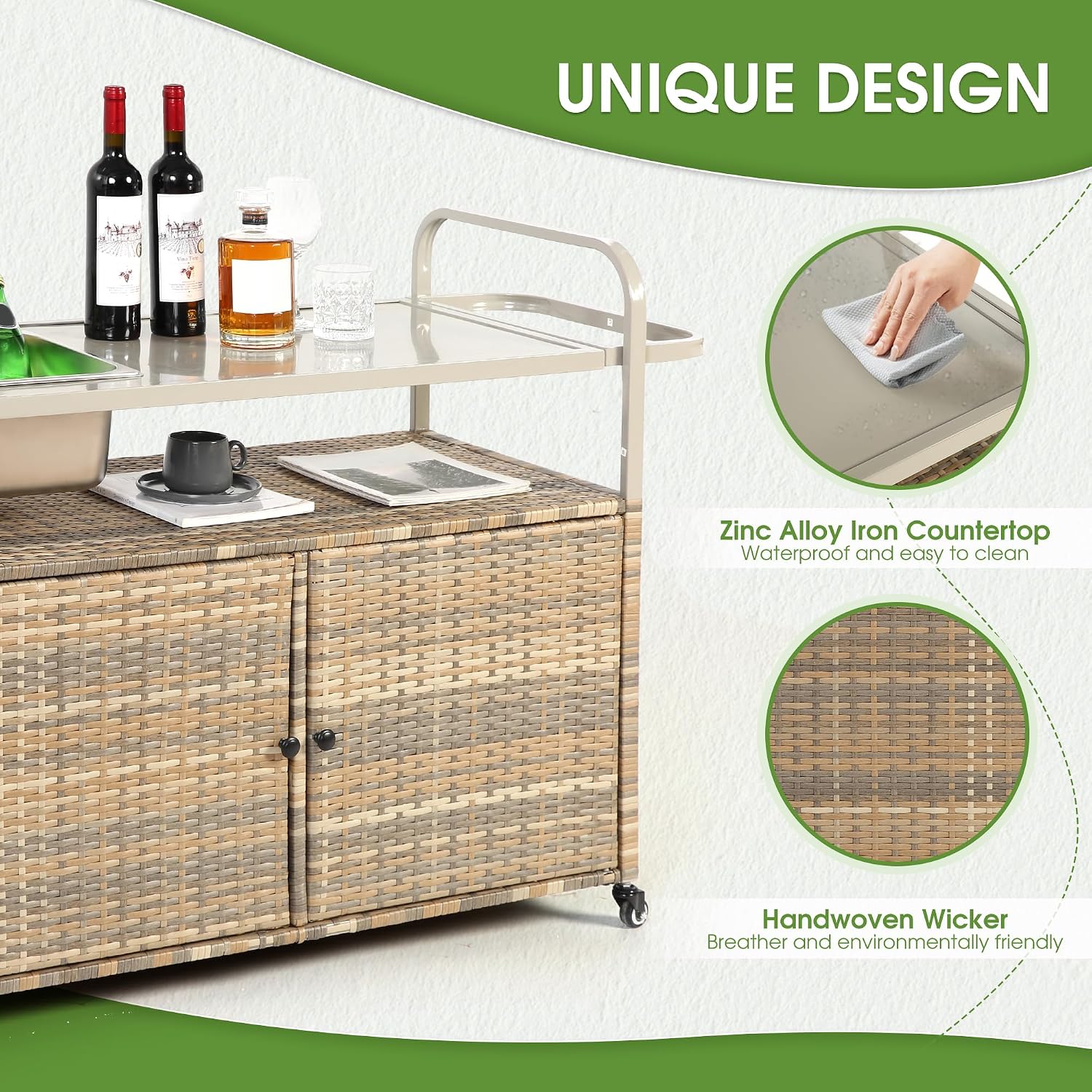 HOMEFUN Outdoor Kitchen Island Wicker Serving Console Cart & Grill Bar Table Waterproof with Wheels and Ice Bucket Backyard and BBQ Prep, Brown