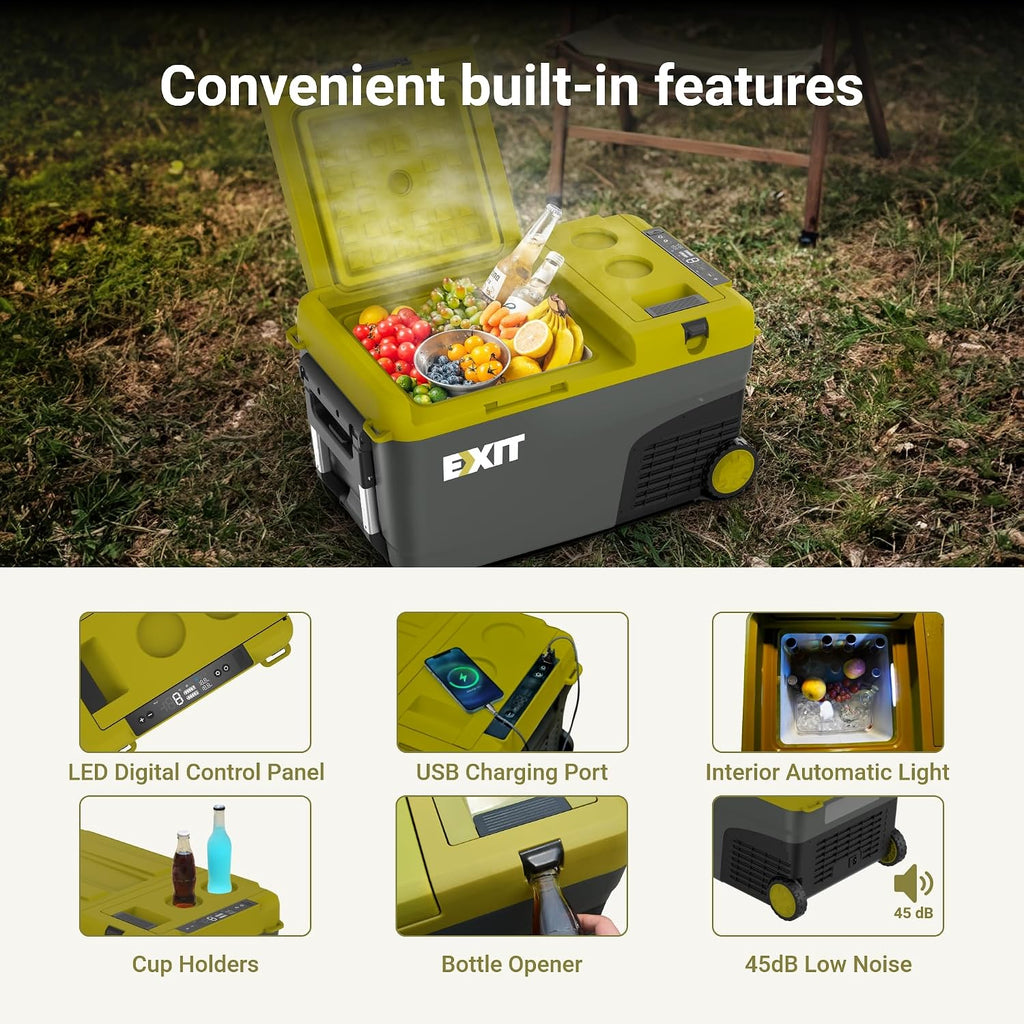 EXIT 20V Outdoor mini refrigerator EX100, battery powered electric cooler -4°F to 68°F, 12/24V DC 100~240 Volt AC for Outside Camping, Tailgating, Includes two Replaceable 4.0 Ah Batteries