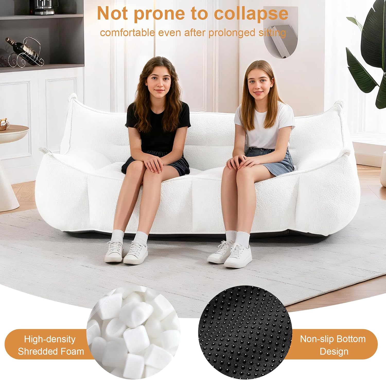 White Bean Bag Chair for Adults & Kids, Ergonomic Big Bean Bag Sofa with Full Body Support, Faux Fur Beanbag Chair, Stuffed Floor Sofa for Living Room, Bedroom, Apartment, White (2 Seat)