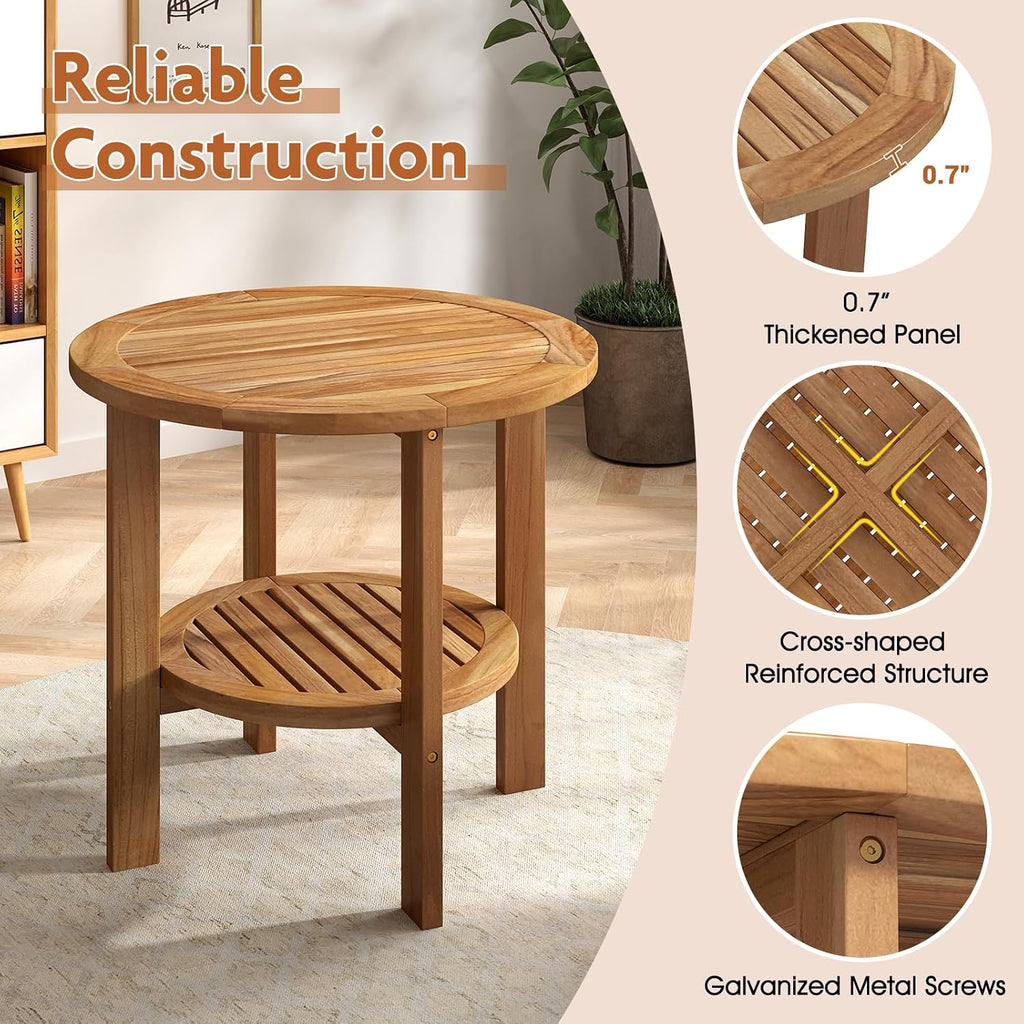 Tangkula Outdoor Round Side Table, 19.5 Inches Teak Wood Patio Table with Slatted Tabletop & Storage Shelf, 2-Tier Heavy Duty Small End Table for Backyard, Porch, Deck, Yard, Garden, Natural