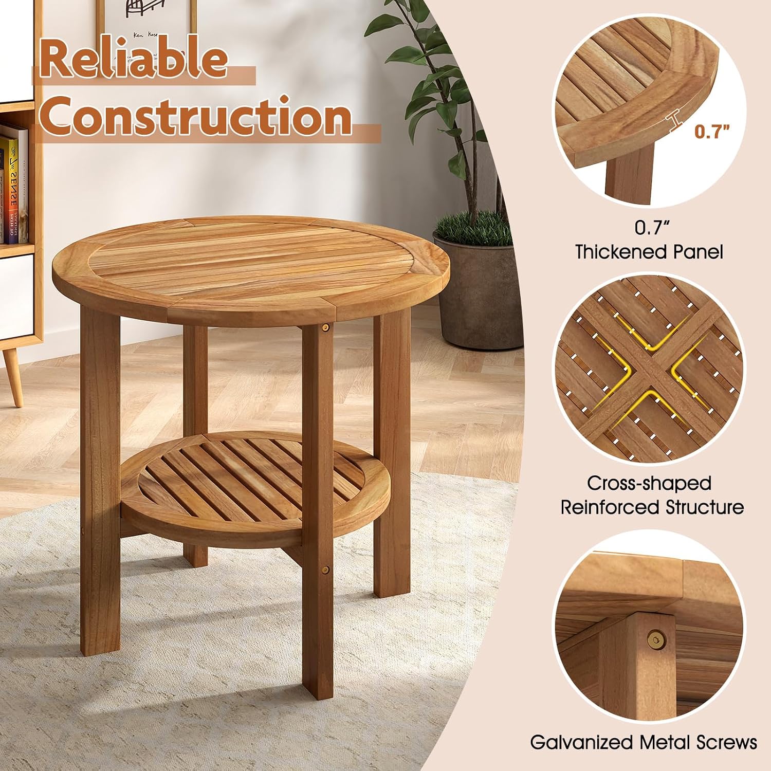 Tangkula Outdoor Round Side Table, 19.5 Inches Teak Wood Patio Table with Slatted Tabletop & Storage Shelf, 2-Tier Heavy Duty Small End Table for Backyard, Porch, Deck, Yard, Garden, Natural