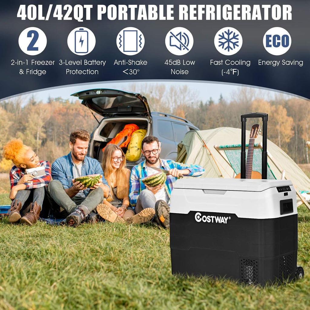 COSTWAY Car Refrigerator with Wheels, 42-Quart Dual-zone Electric Cooler with Telescopic Handle, 12V/24V DC, 100-240V AC, -4°F To 50°F, Portable Fridge Freezer for RV Camping Travel, White+Black