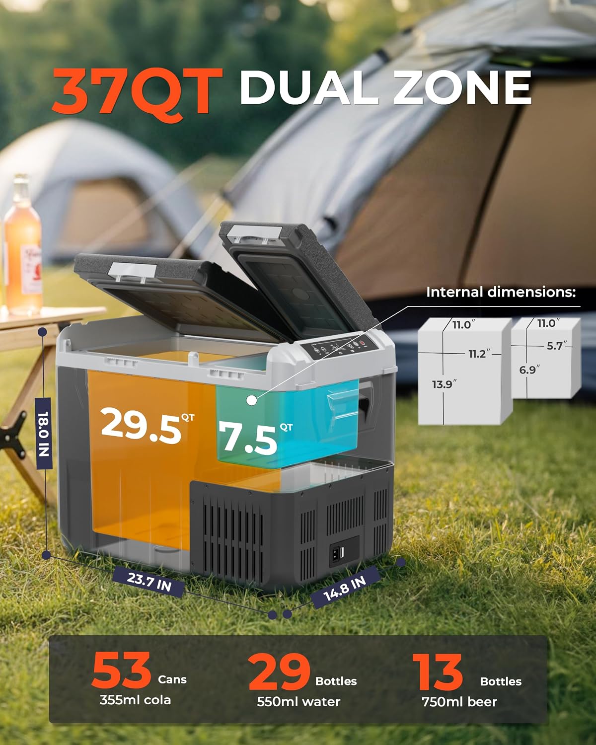 EKOJUCE 12 Volt Car Refrigerator, 37QT(35L) Electric Cooler, Dual Zone Portable Freezer with 12/24V DC & 100-240V AC, -4℉-68℉, Car Fridge for Truck Camping Travel RV Road Trips