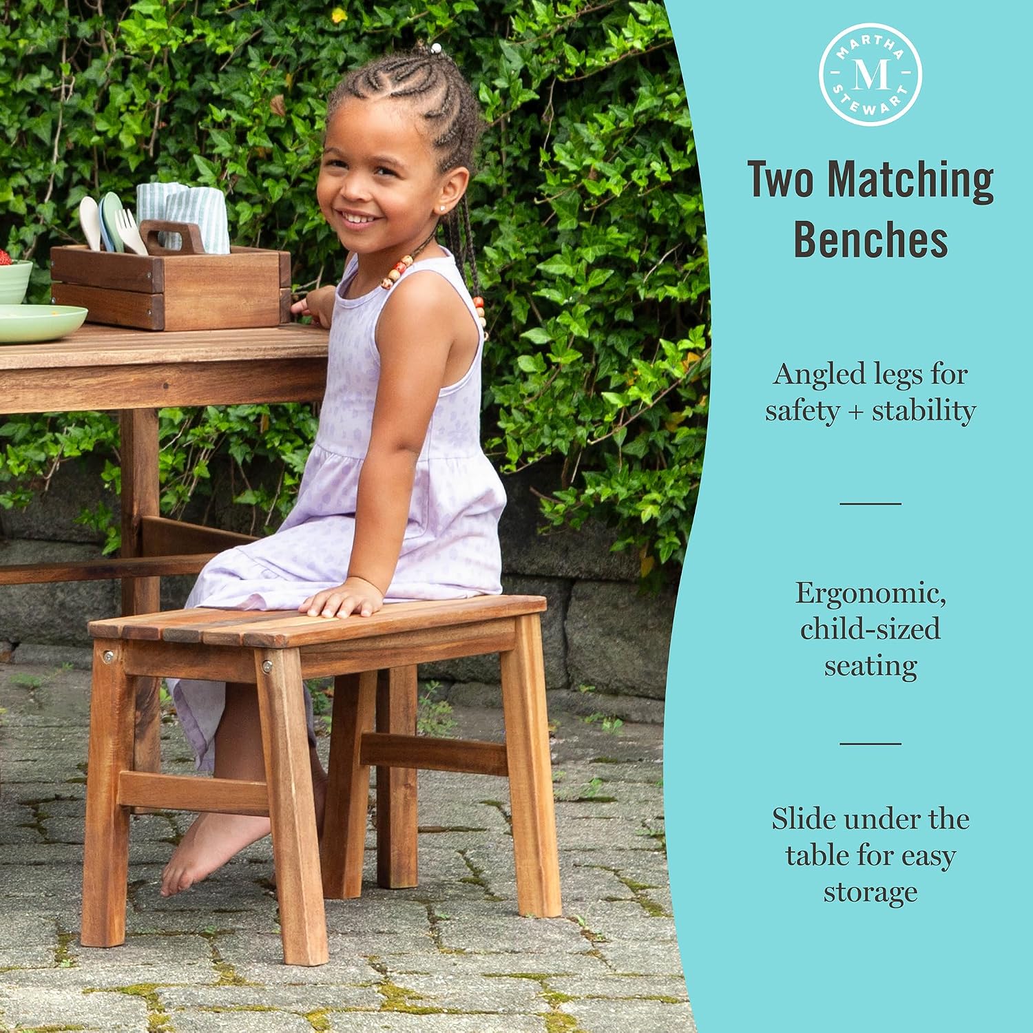 Martha Stewart Kids Outdoor Craft Table, Benches & Umbrella Set: Acacia Wood Activity Desk w/Crate, Caddy, Storage Shelves | Kids Play & Picnic Table w/Benches & Umbrella for Backyard, Patio, Garden