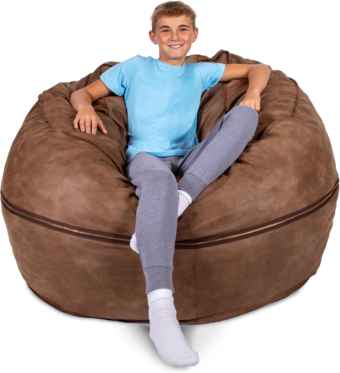 Big Joe Fuf 5Ft Oversized Foam Bean Bag Chair with Removable Cover for Kids, Teens, Adults, Coffee Soft Vegan Leather, 5 Foot Large Reading and Gaming Seat