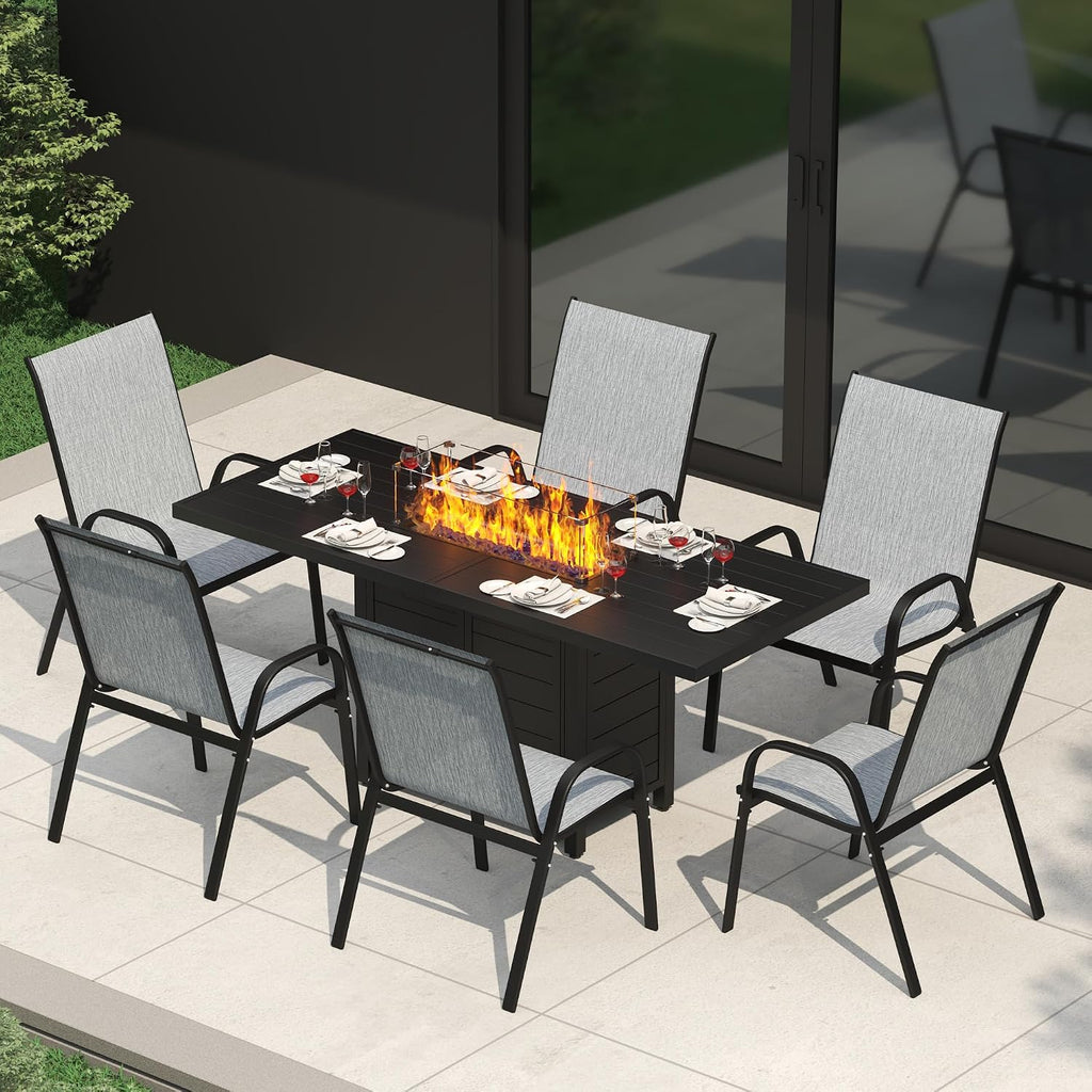 PIZZELLO 7 Pieces Patio Furniture Set w/ 60' Gas Fire Pit Table and 6 Patio Dining Chairs, Outdoor Conversation Set 50,000 BTU Aluminum Propane Fire Pit Stackable Patio Chairs Set of 6 for Backyard