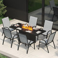 PIZZELLO 7 Pieces Patio Furniture Set w/ 60' Gas Fire Pit Table and 6 Patio Dining Chairs, Outdoor Conversation Set 50,000 BTU Aluminum Propane Fire Pit Stackable Patio Chairs Set of 6 for Backyard