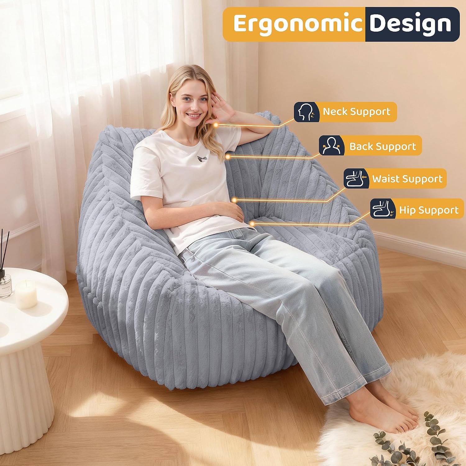 HABUTWAY Bean Bag Chair, Giant Bean Bag Chairs for Adults and Kids, Bean Bag Sofa, Lazy Floor Sofa, Faux Fur Beanbag Chair with Armrests for Living Room Bedroom (Grey)