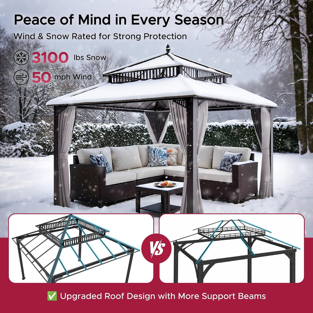 SUNJOY Kingston 12' x 12' Hardtop Gazebo with Galvanized Steel/Polycarbonate Double Roof, Curtain and Netting, Brown Aluminum Posts Permanent Pavilion Gazebo for Garden, Patio, Deck, Lawn