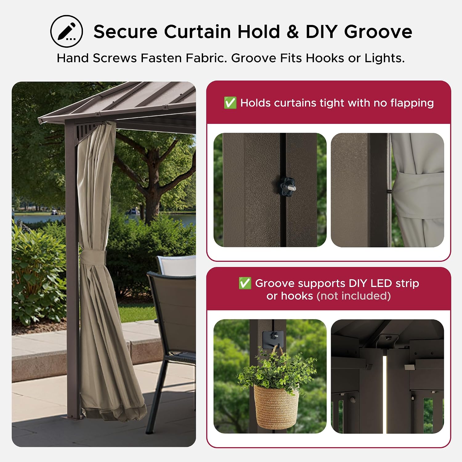 SUNJOY Kingston 10' x 10' Hardtop Gazebo with Galvanized Steel/Polycarbonate Double Roof, Curtain and Netting, Brown Aluminum Posts Permanent Pavilion Gazebo for Garden, Patio, Deck, Lawn