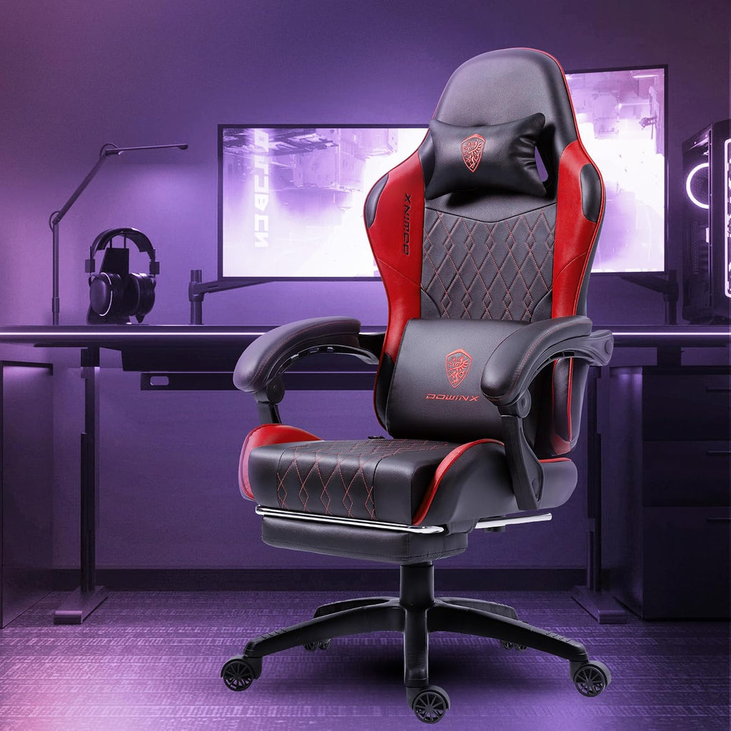 Dowinx Gaming Chair with Massage Lumbar Support and Footrest, Video Game Chair for Adults, Adjustable Ergonomic Gamer Chairs High Back with Pocket Spring Cushion, Swivel Recliner, Black and Red